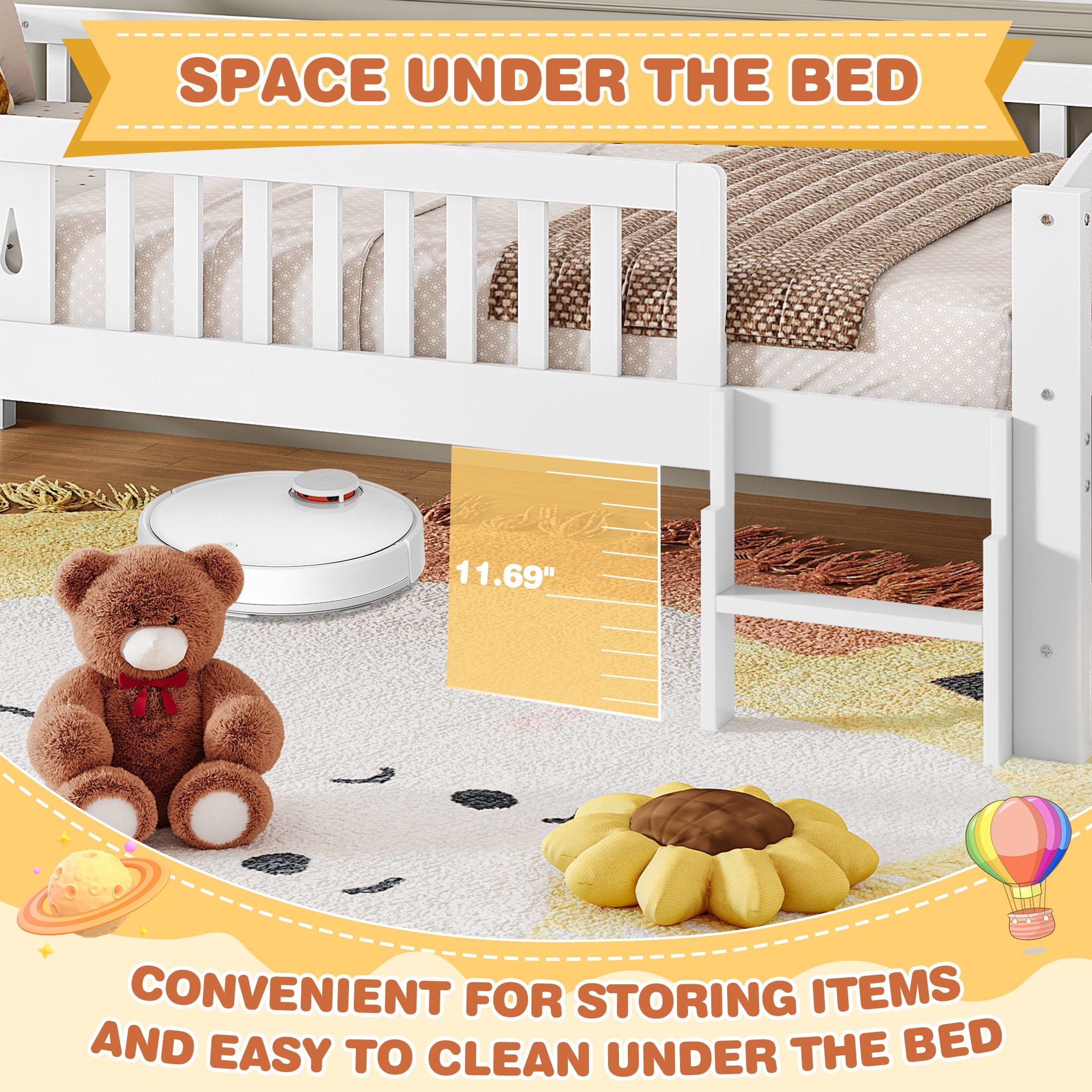 Sesslife Twin Platform Bed Frame, Solid Wood Montessori Bed with Safety Guardrails and Ladder, Twin Low Profile Bed with Slats for Boys Girls, No Box Spring Needed, Holds 400 lbs, Grey