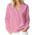 thumbnail image 2 of Sevevn Women's V Neck Half Button Sweatshirt Long Sleeve Loose Pullover Top with Front Pocket Pink M, 2 of 9