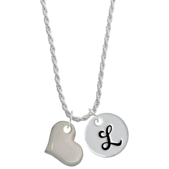 Delight Jewelry Stainless Steel Heart Silvertone Script Initial Disc - L - Charm Necklace, 20"+3"