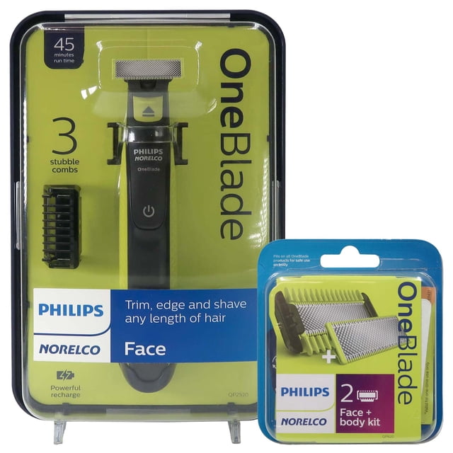 Philips Norelco OneBlade, Tondeuse et Rasoir Électriques Hybrides, QP2520/70 + Philips Norelco Authentique Lame de Remplacement Face + Kit Corps, QP620/80