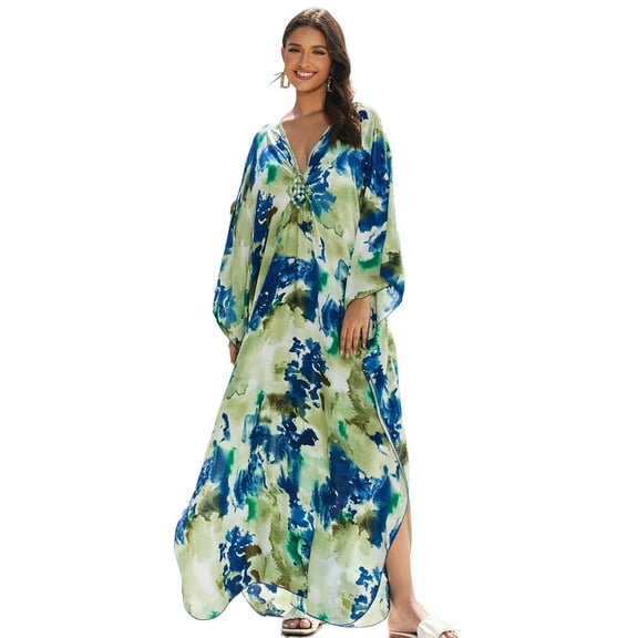 Edolynsa Kaftan Dresses for Swimwear Women Plus Size Bathing Suit Cover up Maxi Beach Tunic Long Caftan Loungewear Tops