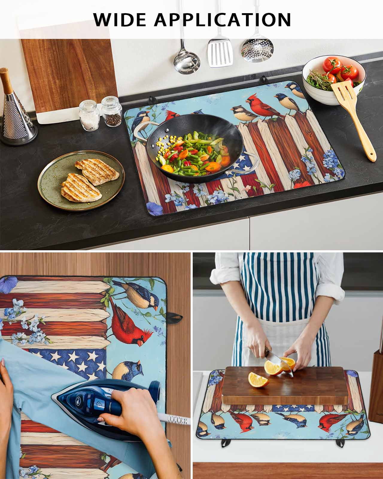 nqOlkjepod Large Induction Cooktop Protector Mat 36"x21", Independence Day Stove Top Covers for Electric Stove, 4th of July Bird USA Flag Flower Bird Stove Burner Cover Mats, Glass Top Stove Cover