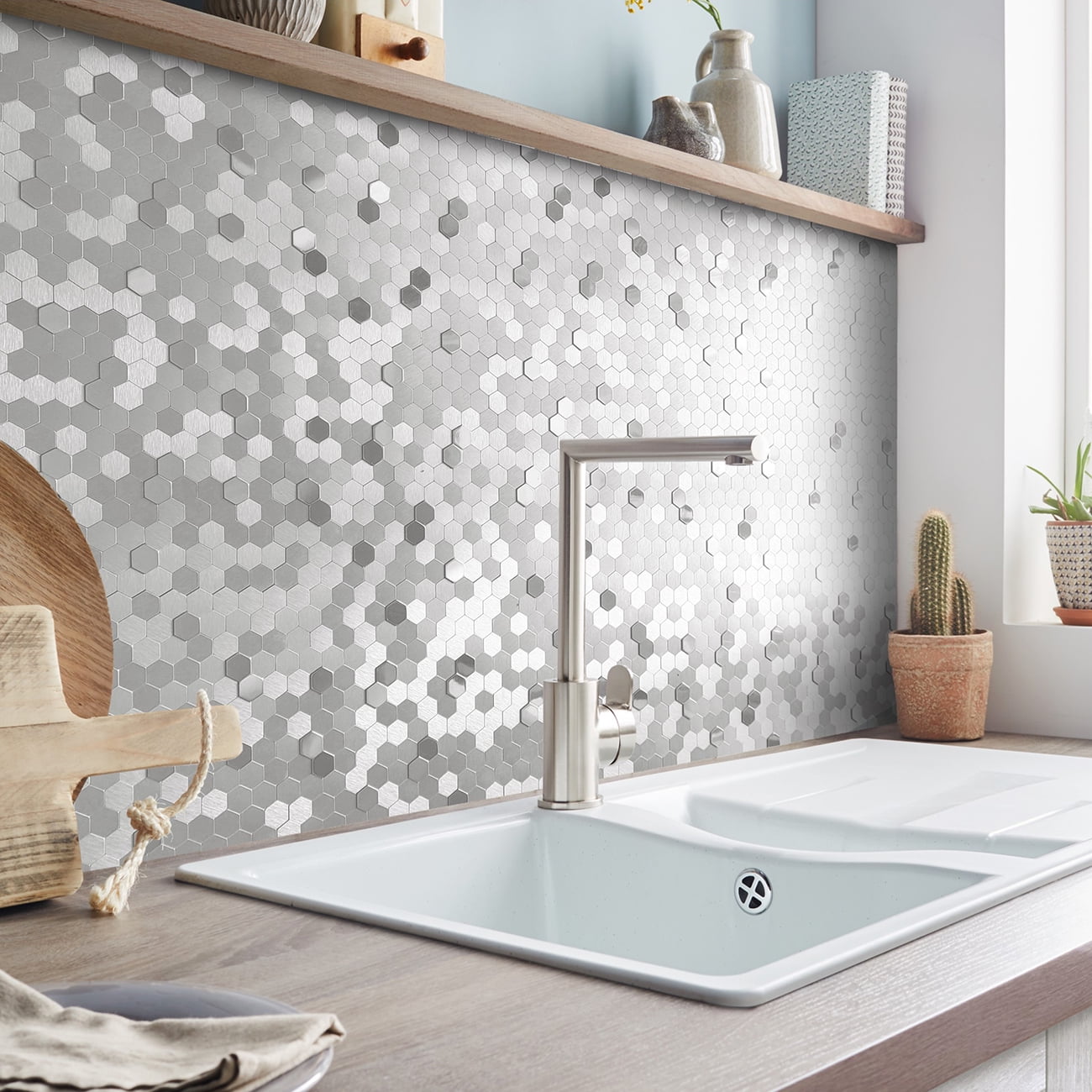 Acopelo Peel and Stick 3D Hexagon Mosaic Silver Metal Tile for Backsplash - 6 Tiles