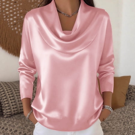Dwellite Women s Satin Blouse Cowl Neck Silky Shirt Long Sleeve Dressy Tops Fall Trendy Fashion Tops Business Casual Clothes Pink S
