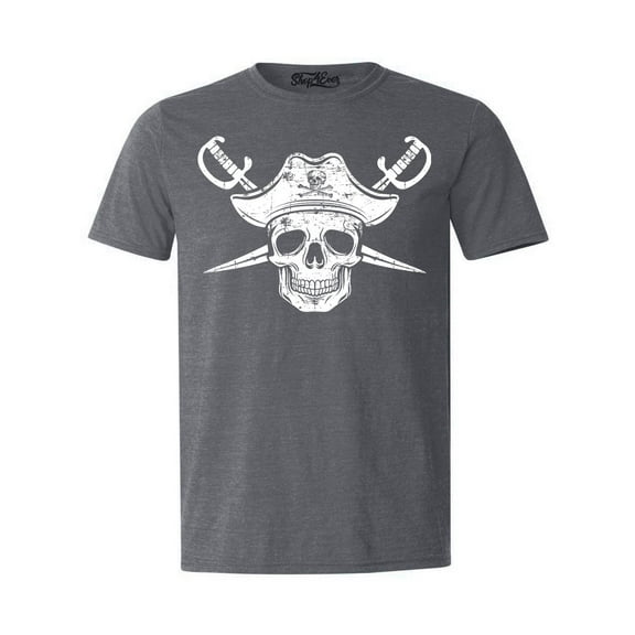 Shop4Ever Men's White Pirate Captain Skull with Scimitars Graphic T-shirt Medium Dark Heather