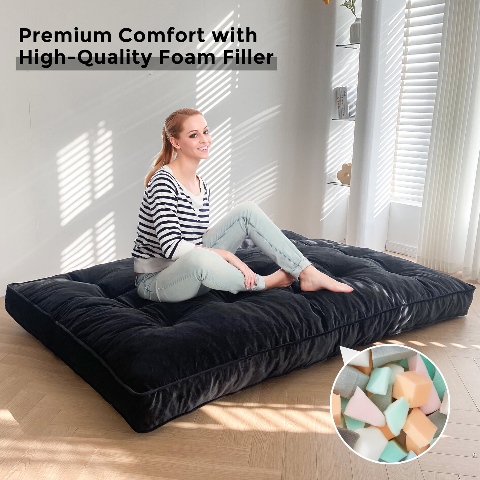 BYBYME 6" Futon Mattress,Velvet Thick Futons Sofa Couch Bed,Floor Mattress for Adults,Shredded Foam Filling,Black Queen(Frame Not Included)