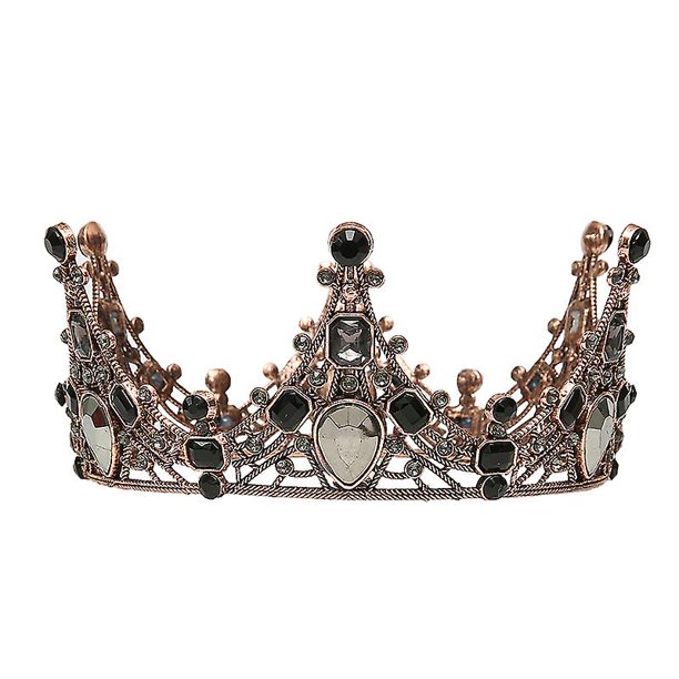 Corona barroca, tiara redonda vintage, corona de reina negra con diamantes de imitación gótica retro