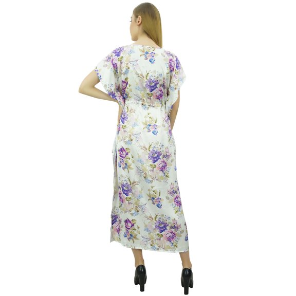 Bimba Women's Long Maxi Kaftan Drawstring White Floral Getting Ready Gown - 10