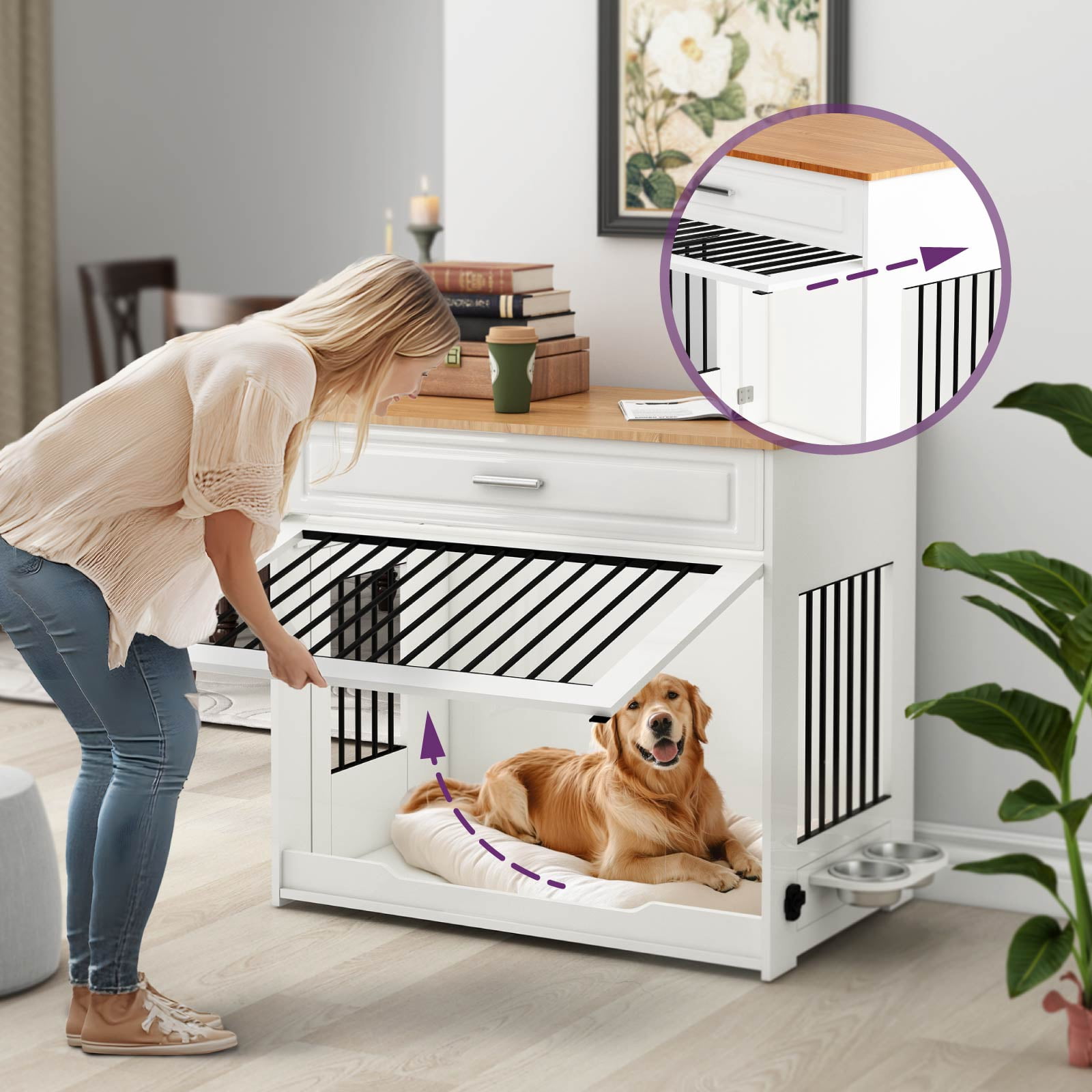 Whifea 37.4'' Large Dog Crate Furniture with Flip-up Door, 360° Rotating Feeder, Furniture Style for Large Dogs, White