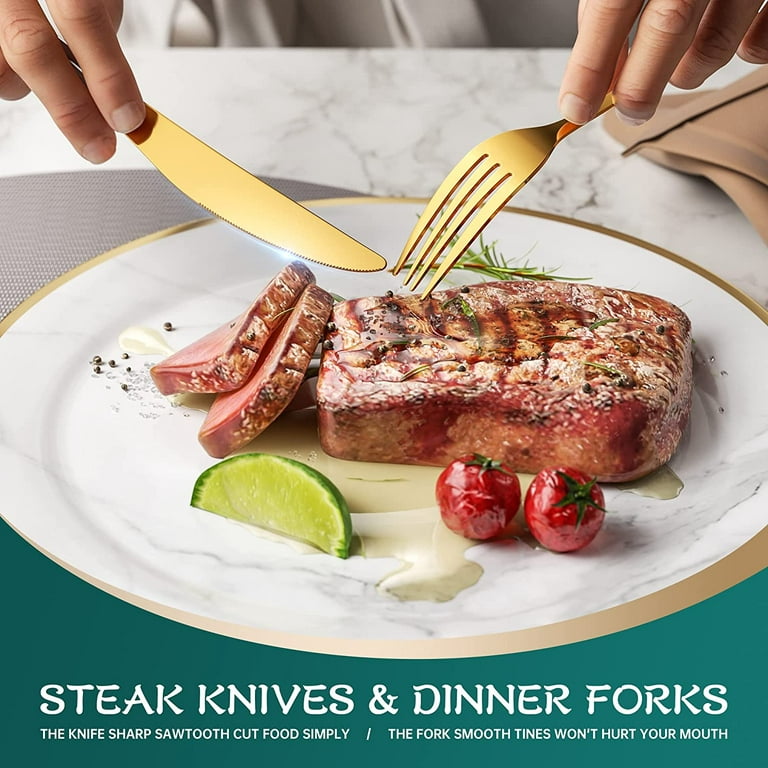 Gold Steak Knives Set 12 Piece, Premium Stainless Steel 6 Dinner Forks and  6 Dinner Knives Set, Steak Knives Steak Forks for 6 Person, Dishwasher Safe