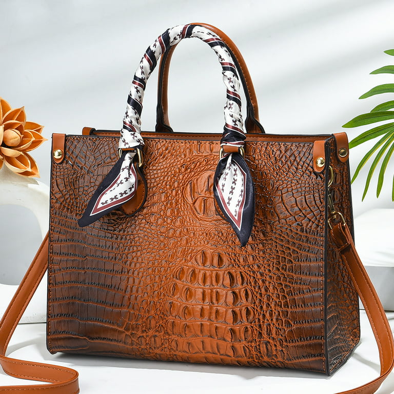 QUARRYUS Trendy Crocodile Pattern Handbag, Fashion Faux Leather Shoulder Bag, Women's Office & Work Purse, Size: One size, Brown