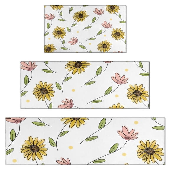 White Pink Flower Green Leaf Pattern Kitchen Rugs Sets Of 3,Kitchen Runner Rugs Non Skid Washable,Decorative Kitchen Floor Mats for Kitchen,Sink,Laundry,17"x30" 17"x47" 17"x59"