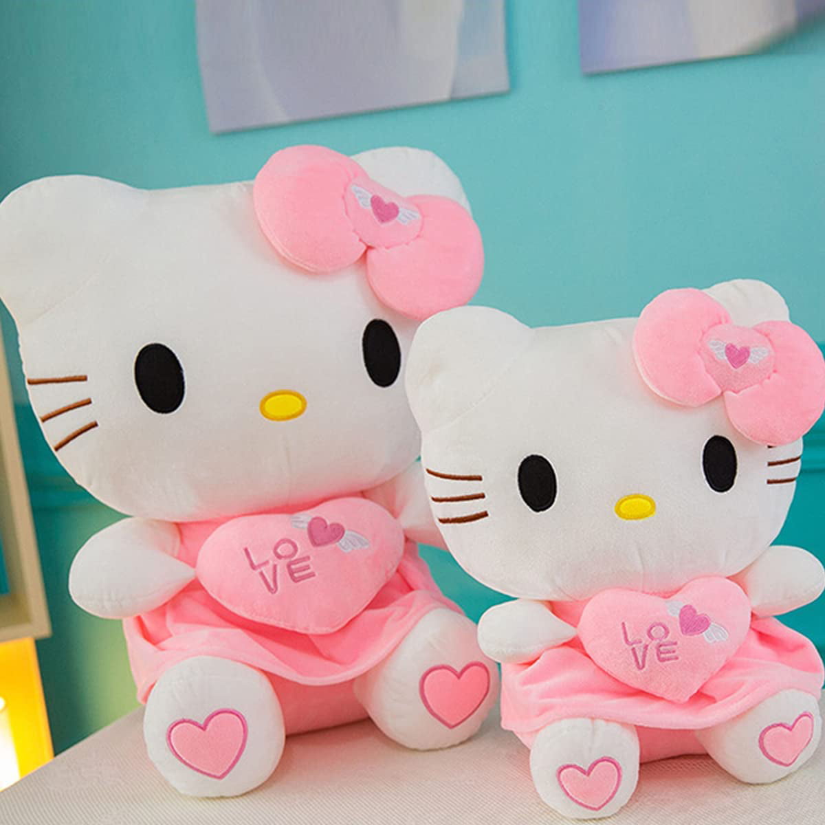 NA Cute Hello Kitty Plush Toy Kitten Stuffed Animals Kawaii Cat Fluffy Plush Doll Hugging Pillow with Love Heart 9.8 Inch 
