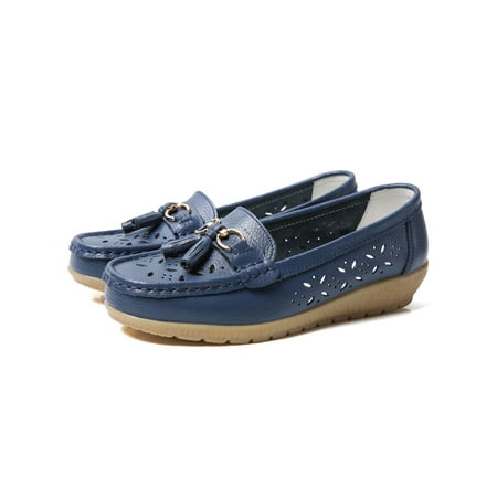 

Woobling Nurse Flats Slip On Loafers Bow-Knot Casual Shoes Ladies Walking Driving Hollow Breathable Dark Blue 7