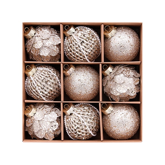 9Pcs Champagne Gold Christmas Tree Ornaments, Glitter Sequin Beaded Vintage Christmas Tree Decorations for Mantel Wreath Party Holiday Home Decor, 9 Count