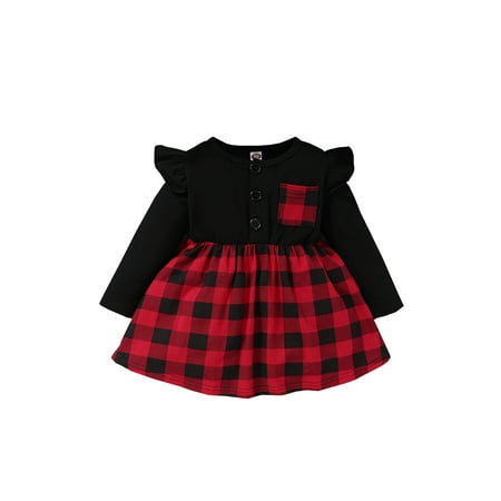 

Bebiullo Newborn Infant Baby Girls Christmas Dress Outfits Long Sleeve Plaid A-Line Dresses Xmas Clothes 12-18 Months