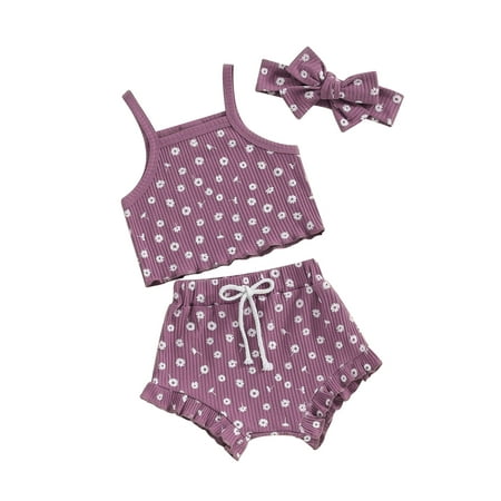 

Biezeib Baby Girls 3 Piece Outfits Floral Print Sleeveless Camisole Tops and Elastic Ruffled Shorts Headband Set Summer Clothes