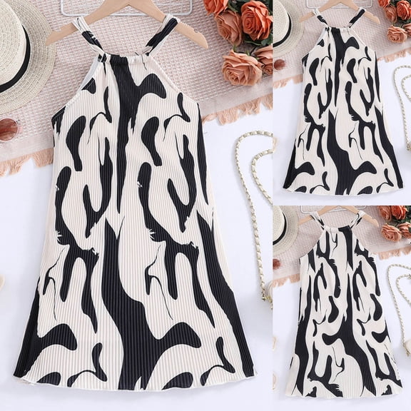 Girls Dresses Zebra Stripes Print Halter Sleeveless Casual Summer Princess Dress Dresses for Girls Black 9-10 Years
