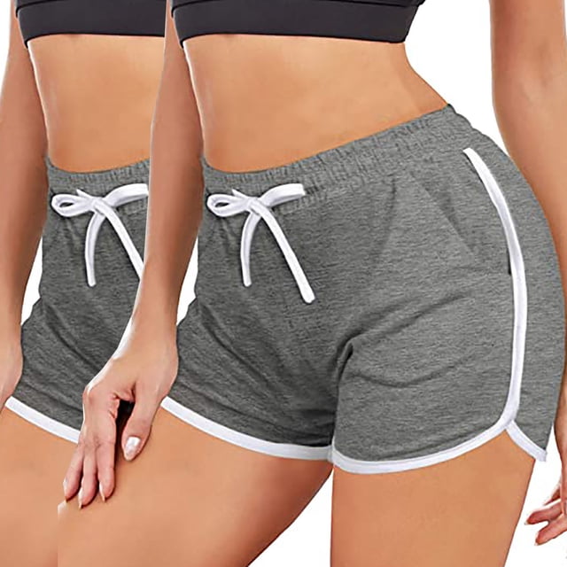 Meichang Gym Shorts Women with Elastic Waisted Drawstring Dolphin Hem Running Exercise Shorts Patchwork Striped Gym Shorts Summer Soft Comfy Workout Jogger Sport Yoga Shorts Gray L