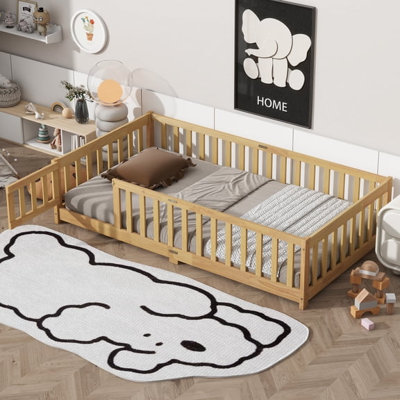 Twin Size Floor Bed with Door and Fence, UHOMEPRO Montessori Floor Bed with Slats and Safety Guardrails, Solid Wood Twin Bed Frame for Bedroom, Natural