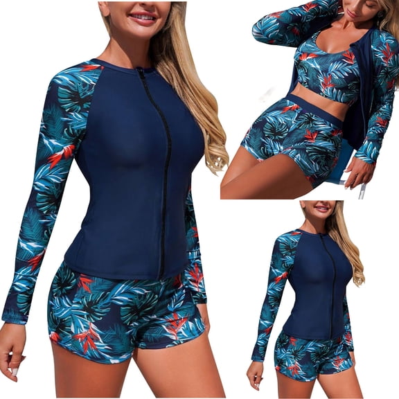 uublik Swimsuit for Women 3 Piece Swimsuit High Waisted Bathing Suits Athletic Modest Swimwear Blue