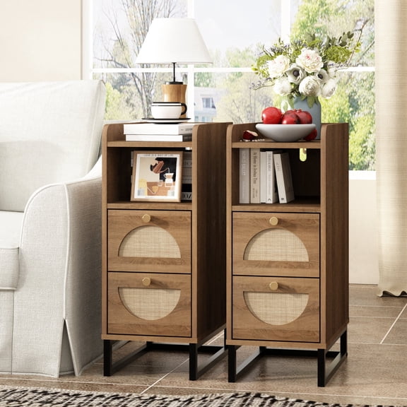Modern Narrow Wood Nightstand Set of 2, End Table with 2 Rattan Drawers for Bedroom, Living Room