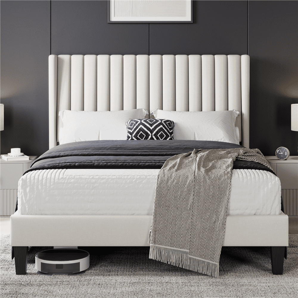Renwick Upholstered Platform Full Bed Frame with Channel Headboard for Adult, Ivory