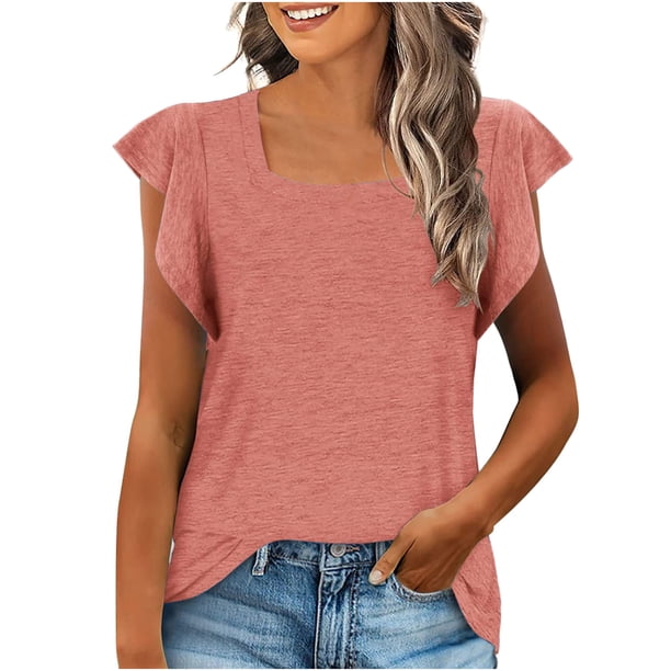 Tops de cuello cuadrado para mujer, camiseta de manga corta con volantes, blusas tipo túnica de verano holgadas OAVQHLG3B Store lin121212