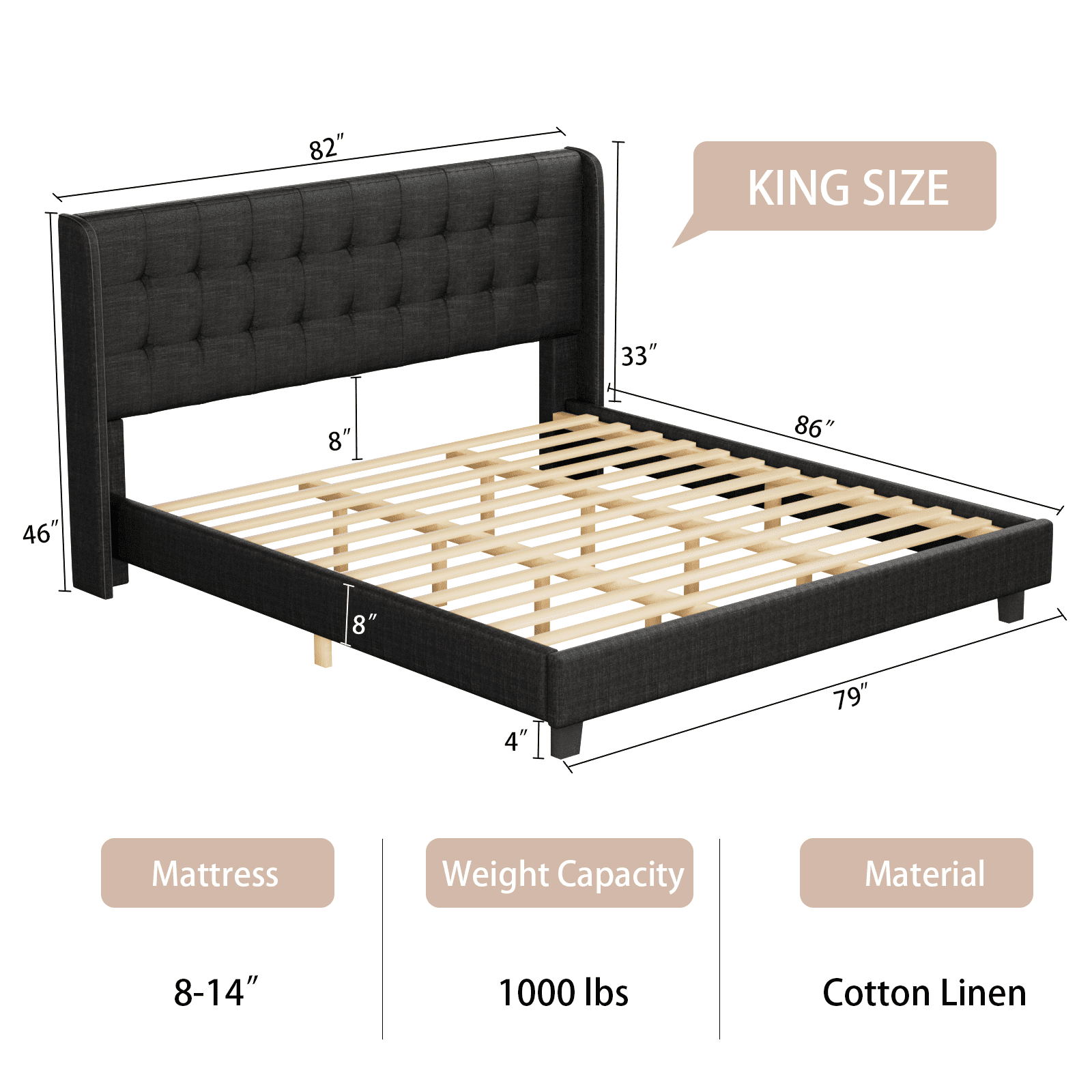 Nathaniel Home Cotton Linen Tufted Upholstered Bed, King Platform Bed Frame, Low Profile Platform Beds Strong Wooden Slats, Adult Black