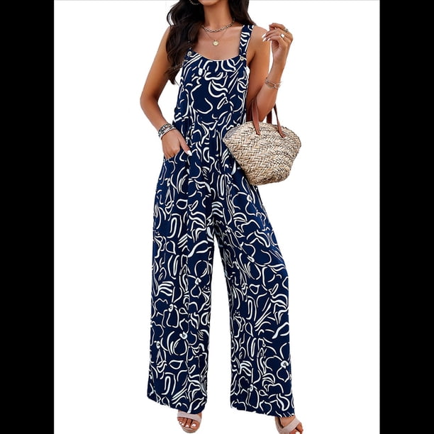 Bohemios Informales de Verano para Mujer, de Pierna , Holgados, con Estampado Floral y Bolsillos. Azul Marino M