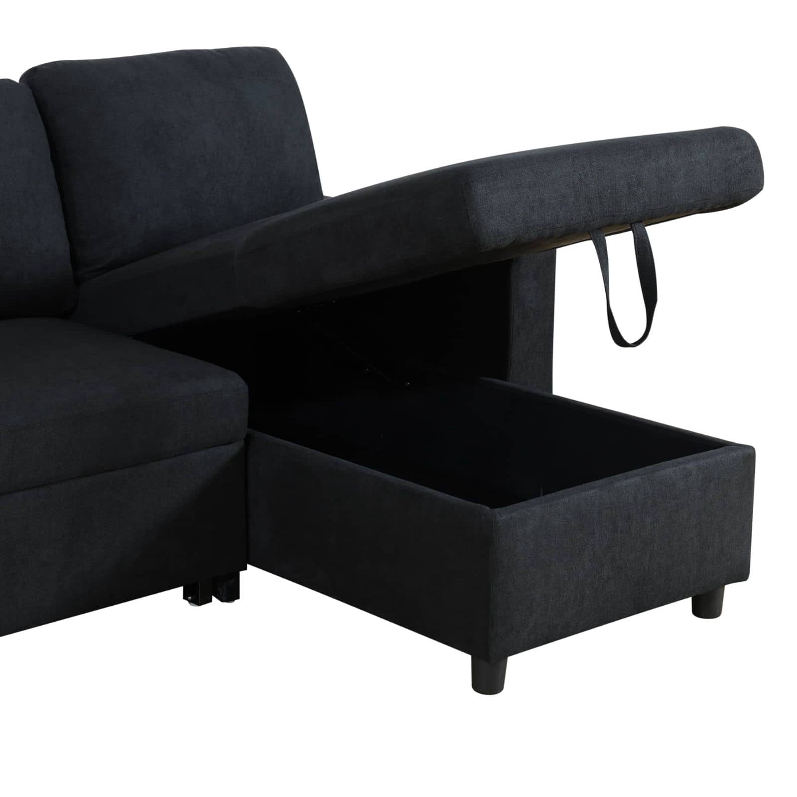 Pull Out Sofa Bed with Storage Chaise, L Shape Sectional Couch Bed Sleeper Sofa with 2 Pillows for Living Room, Black