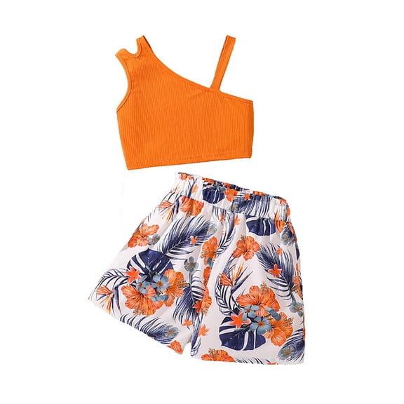 YunPes Children's Summer Children's Clothing Europe and The United States New Single Shoulder Top Printed Shorts Children's Clothes 7 12 Years Old Girls