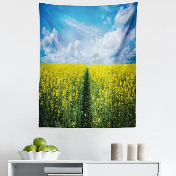Yellow Flower Tapestry, Pathway Through Meadow of Canola Flowers with Clear Blue Sky Farmland Field, Fabric Wall Hanging Decor for Bedroom Living Room Dorm, 5 Sizes, Yellow Blue, by Ambesonne