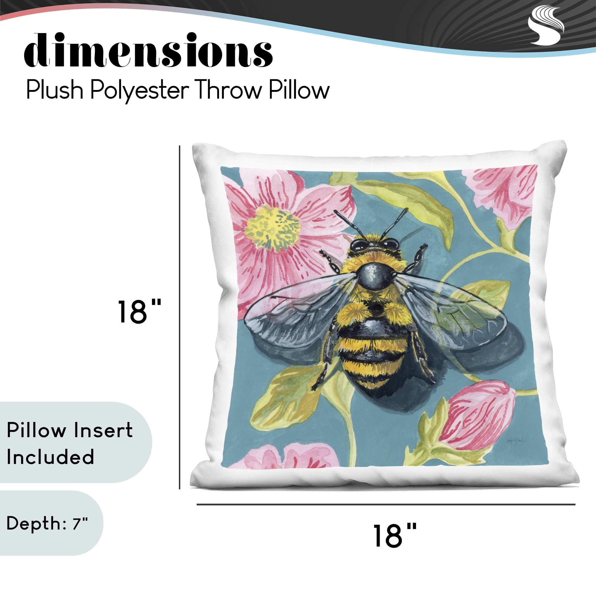 Stupell Industries Fuzzy Bee On Floral Pattern Decorative Printed Throw Pillow, design by Kate Jarvik Birch