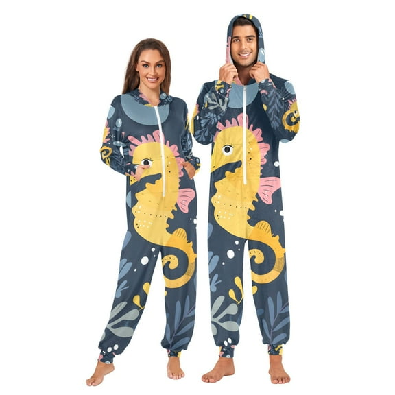 Seahorse Bubble Adult Onesie Pajamas Slim Fit Christmas One Piece Suit Pjs for Women and Men Hooded Zipper