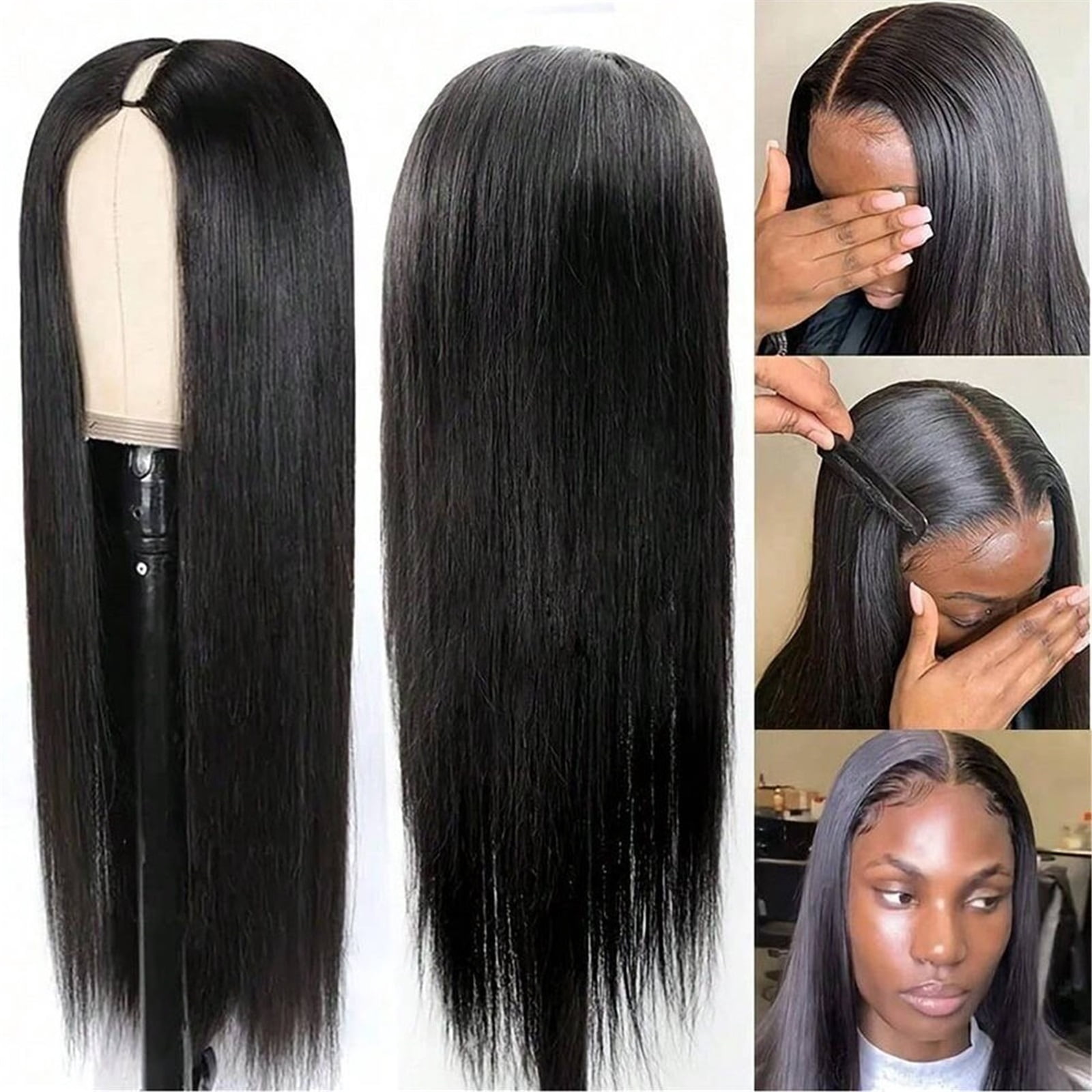 V Part Wigs Bone Straight Human Hair Wigs No Leave Out No Sew-In Glueless 250 Density Natural Black