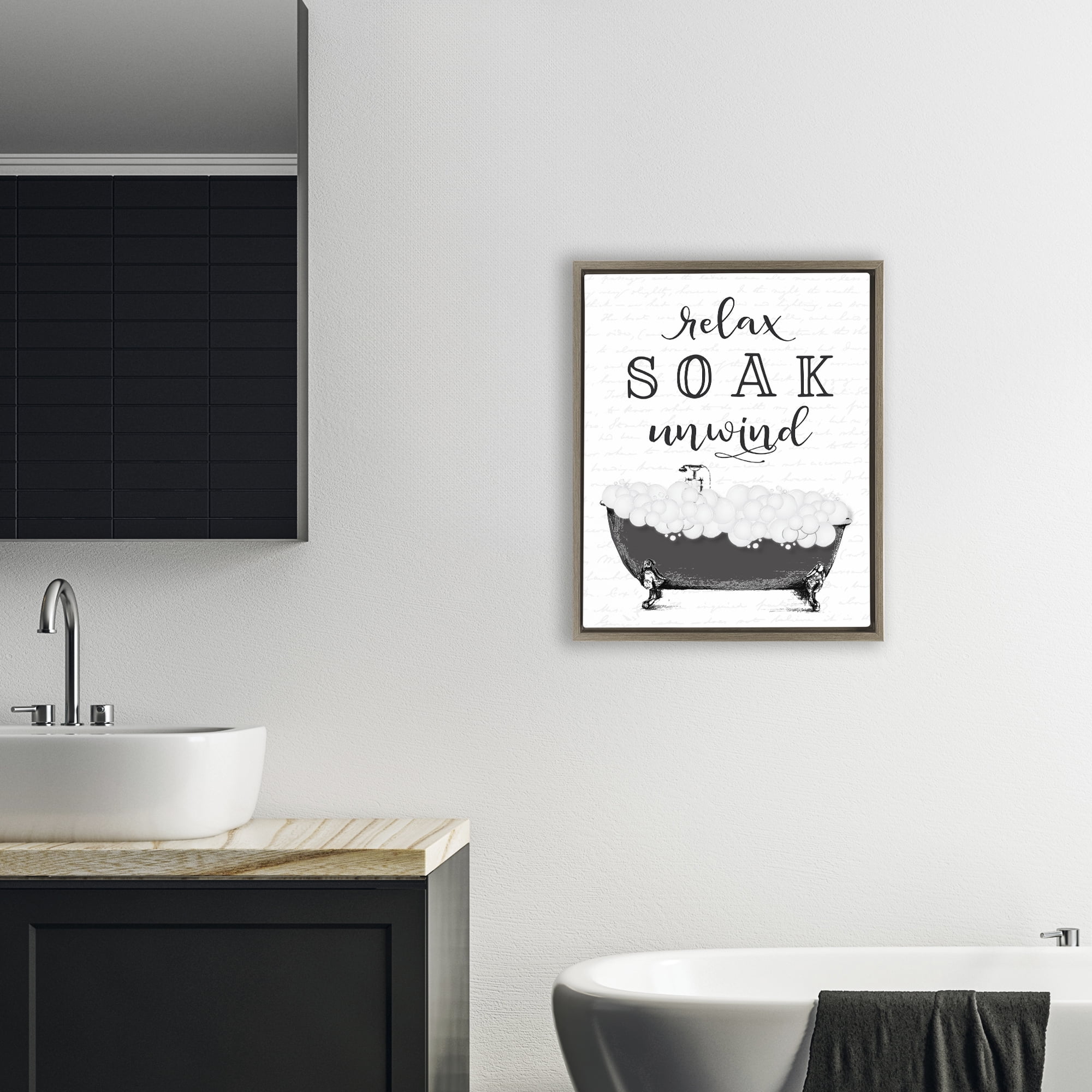 Soak Unwind Bubble Bath Brown Framed Floater Canvas Wall Art, design by Lettered and Lined