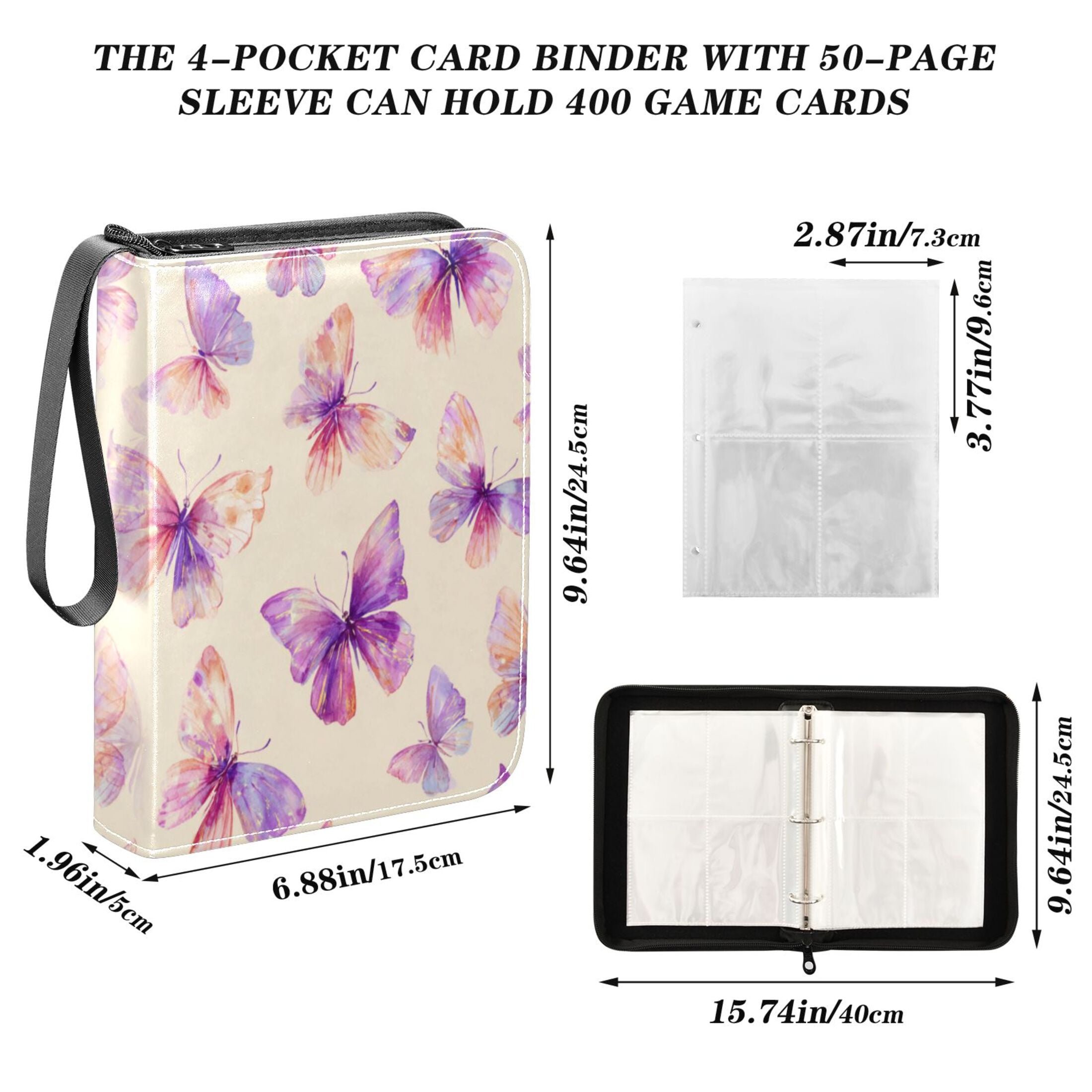 Game Card Storage Bag Collectible Trading Card Albums The 4-Pocket Card Binder With 50-Page Sleeve Can Hold 400 Game Cards Purple Butterfly