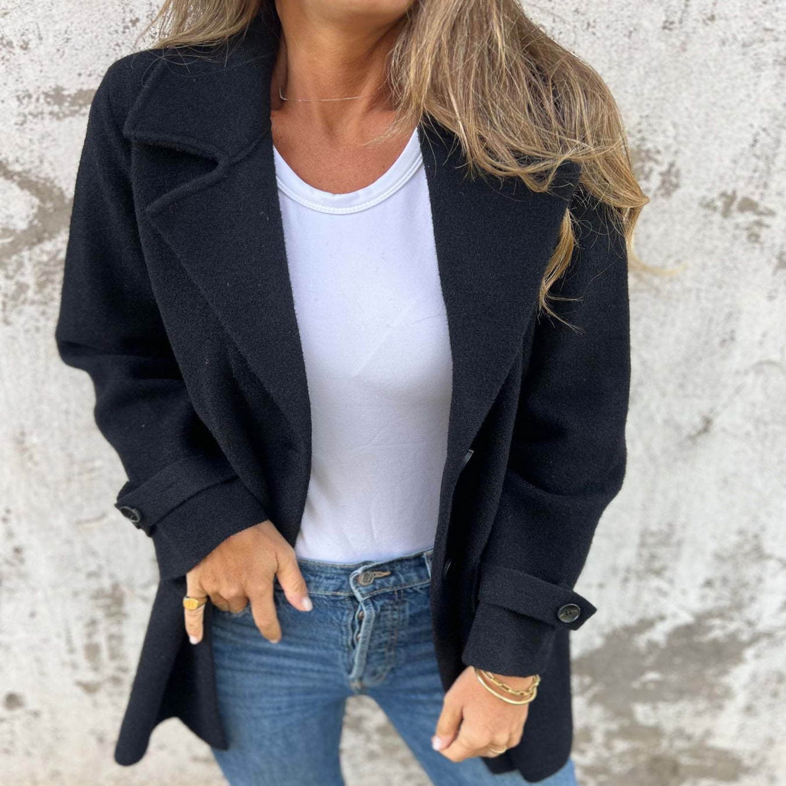 JGGSPWM Women's Wool Blend Coat Fall Lapel Single Breasted Mid Length Trench Jacket Open Front Solid Long Sleeve Peacoat Blazer Overcoat Black S