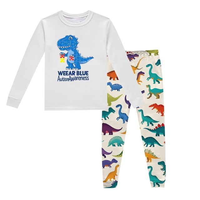 Ensembles de Pyjama Garçon Enfants Imprimé Dinosaure Col Rond Manches Longues Haut Pantalon Ensemble de Pyjama 2 Pcs Printemps Automne Pyjamas pour Tout-Petits Gris Clair 2 Ans-3 Ans