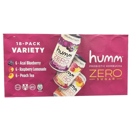 Humm Zero Sugar Probiotic Kombucha, Variety, 12 Fluid Ounce (Pack of 18)