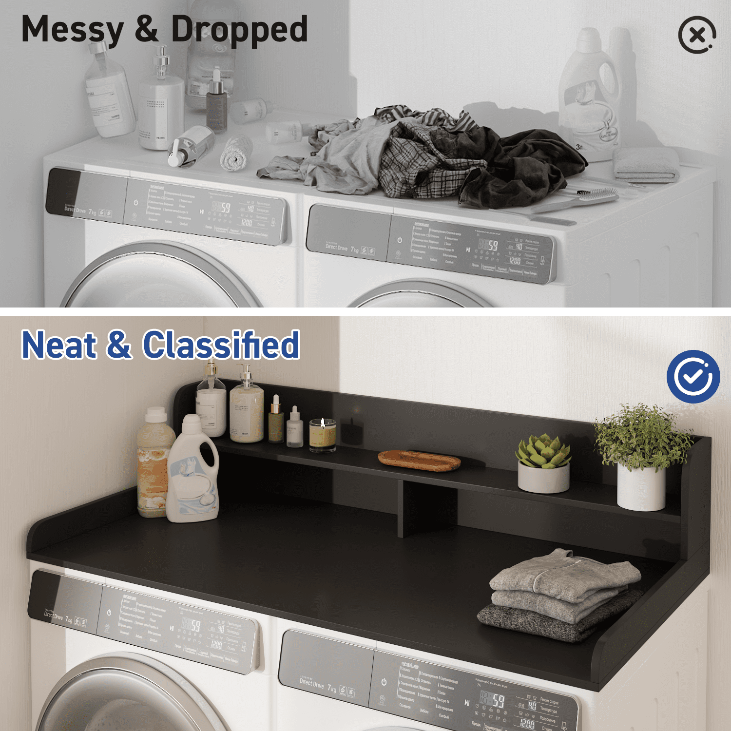 Waleaf 2-Tier Modern Washer Dryer Countertop with Shelf, 54" Laundry Topper for Folding & Storage, Universal Fit