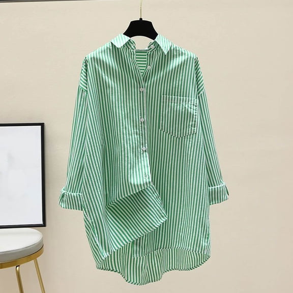 RKSTN Long Sleeve Shirts for Women Striped Button Down Shirts Lapel Summer Womens Cardigan (Green ,L)