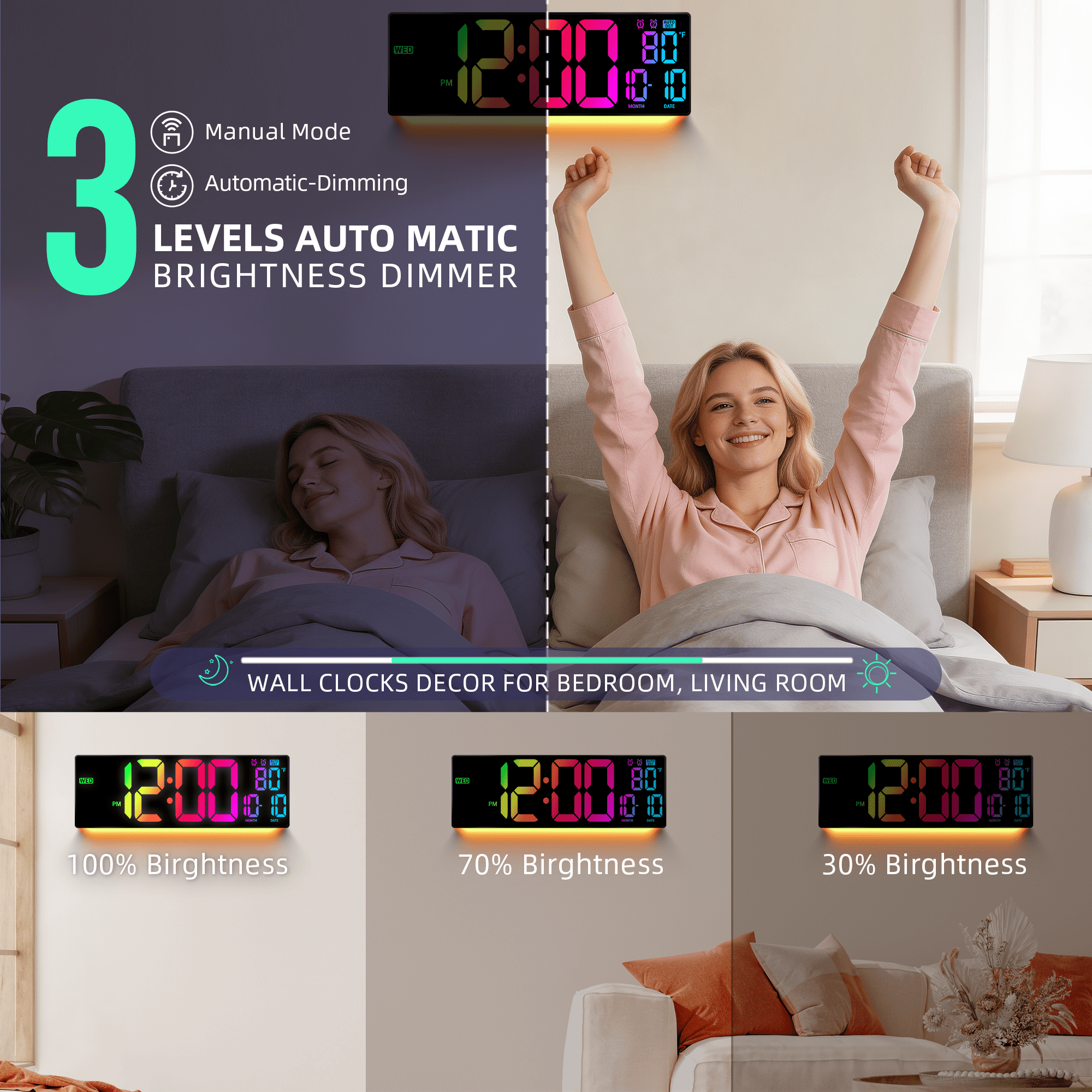 16.5" Large Digital Wall Clock: 11 RGB Color LED Display with Remote Control, Auto DST, Temperature & Date - Big Number Wall Clock for Seniors, Classroom, Office, Gym, Home Decor, Black