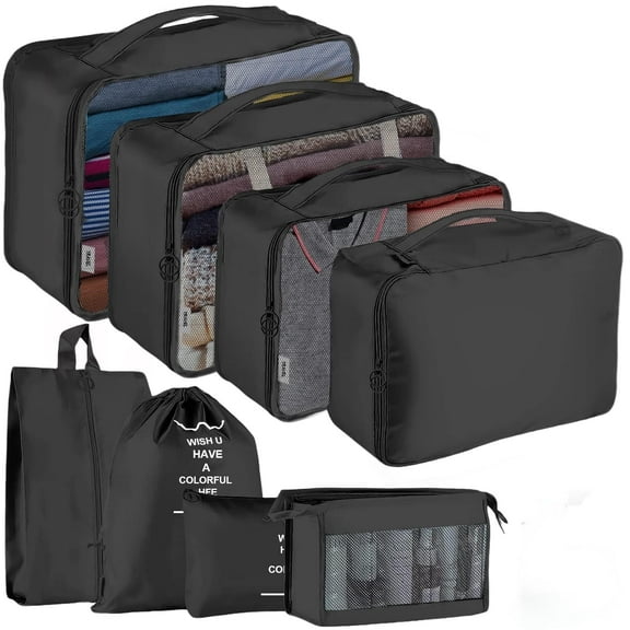 Packing Cubes for Travel, 8Pcs Travel Cubes Set Foldable Waterproof Suitcase Organizer Luggage Storage Bag, Black