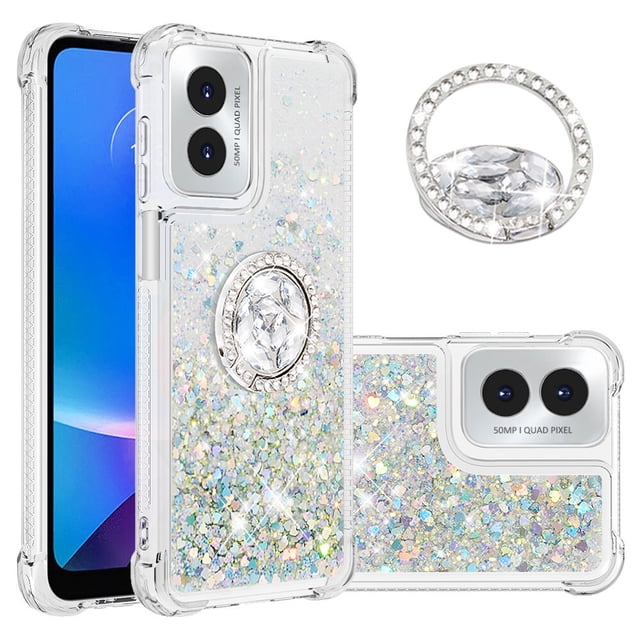 Funda para Motorola Moto G Play 4G 2024 con Brillo Líquido Flotante, Purpurina, Parachoques y Anillo Giratorio Soporte