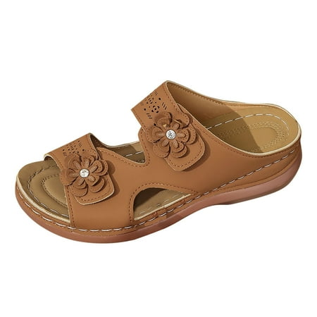 

Krdevn Women s Summer Fashion Open Toed Flower Leather Slippers Outdoor Casual Beach Shoes Brown 8