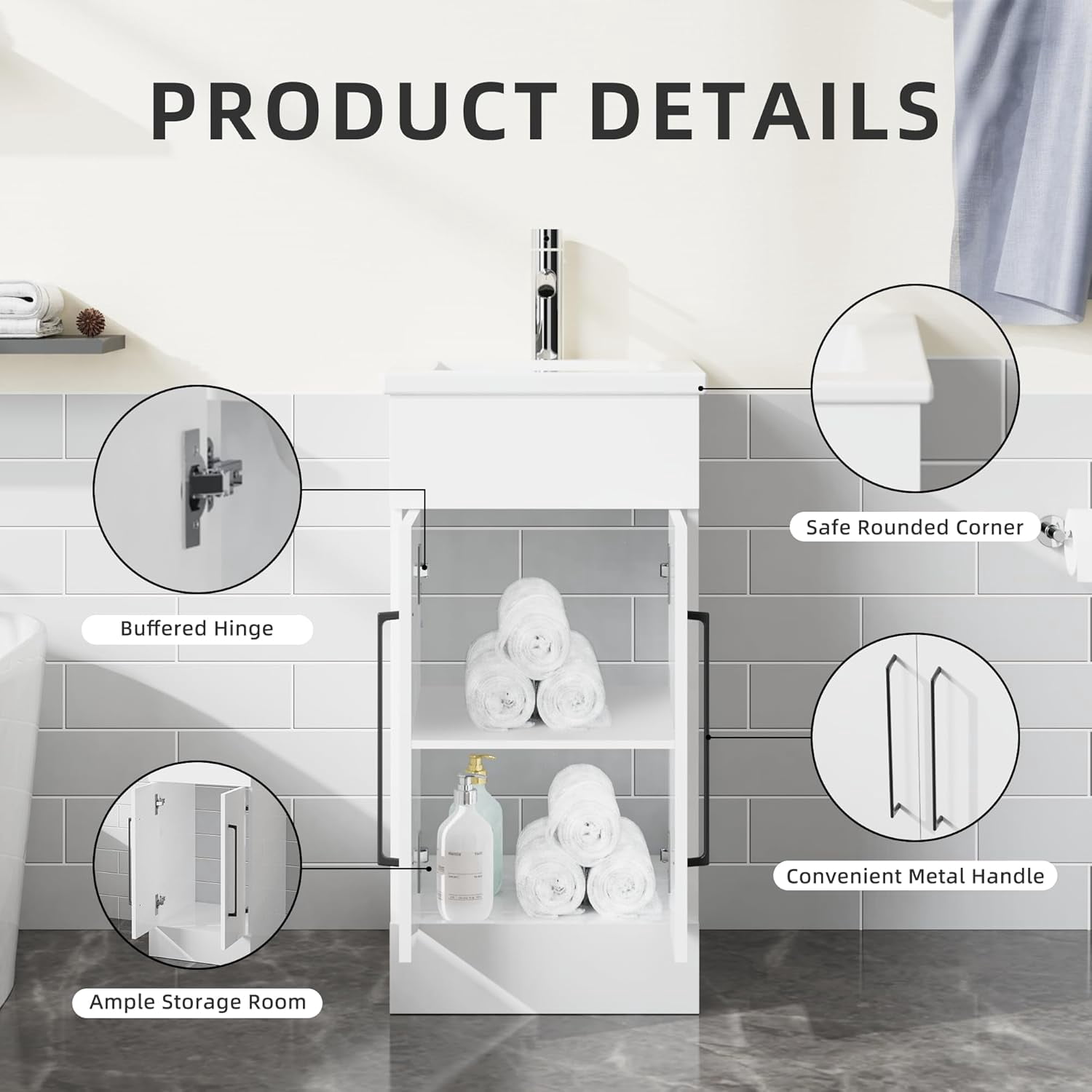 Goodyo 16" Small Bathroom Vanity Single Sink, Freestanding Modern Bathroom Cabinet with White Drop in Sink, 2 Doors Wood Storage Cabinet, White