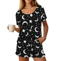 Meichang Women's Short Sleeve Pajama Sets with Shorts Casual Scoop Neck 2 Piece Lounge Sets Trendy Star and Moon Print Loose Fit Pockets Sleepwear Outfit Sets