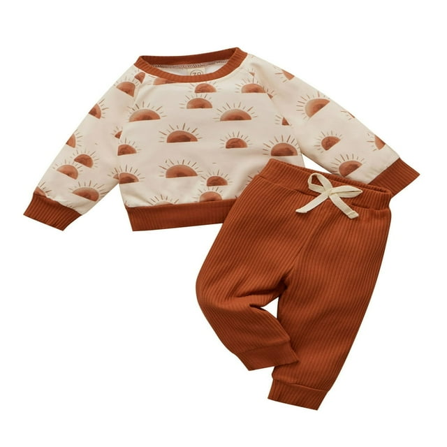 Newborn Baby Girl Boy Clothes Set Sun Printed Pullover Tops Pants Autumn Spring Outfits Brown 3-6 Months